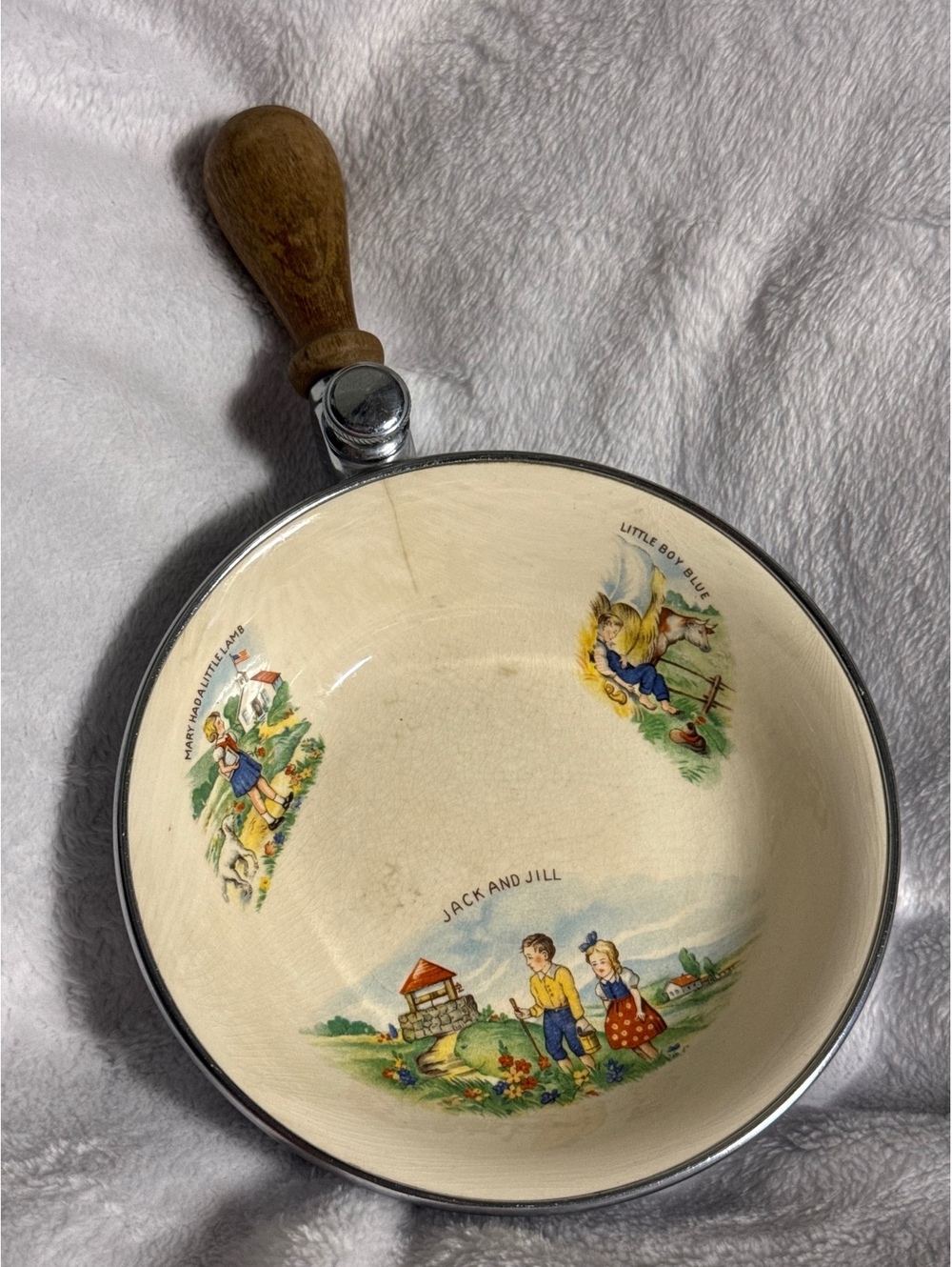 Vintage Farberware Little Boy Blue and Jack and Jill Enamelware Pan with Wooden-